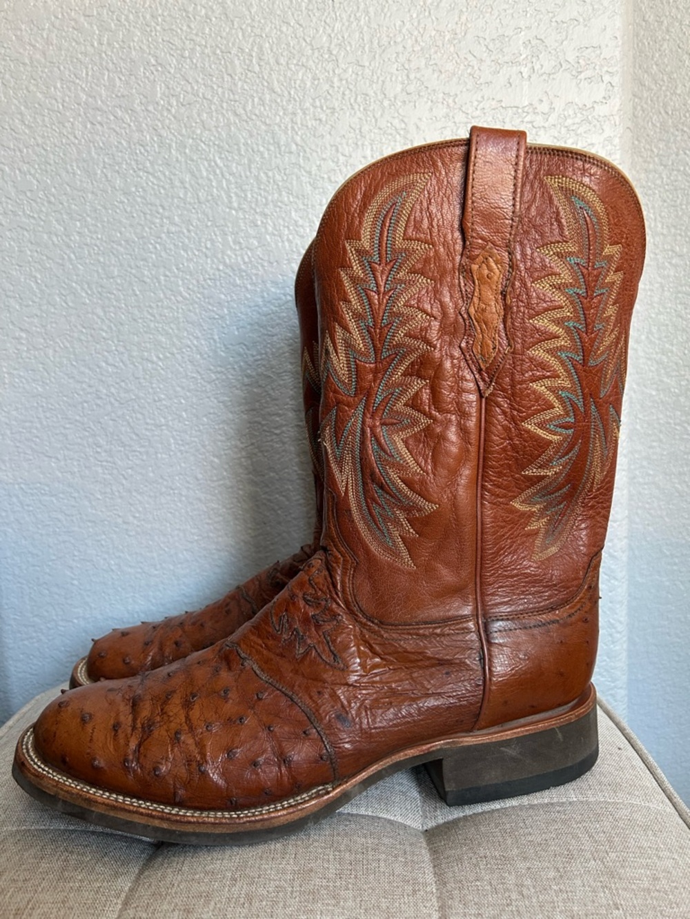 Lucchese Chestnut Brown Ostrich Western Boots with Multicolor Stitching